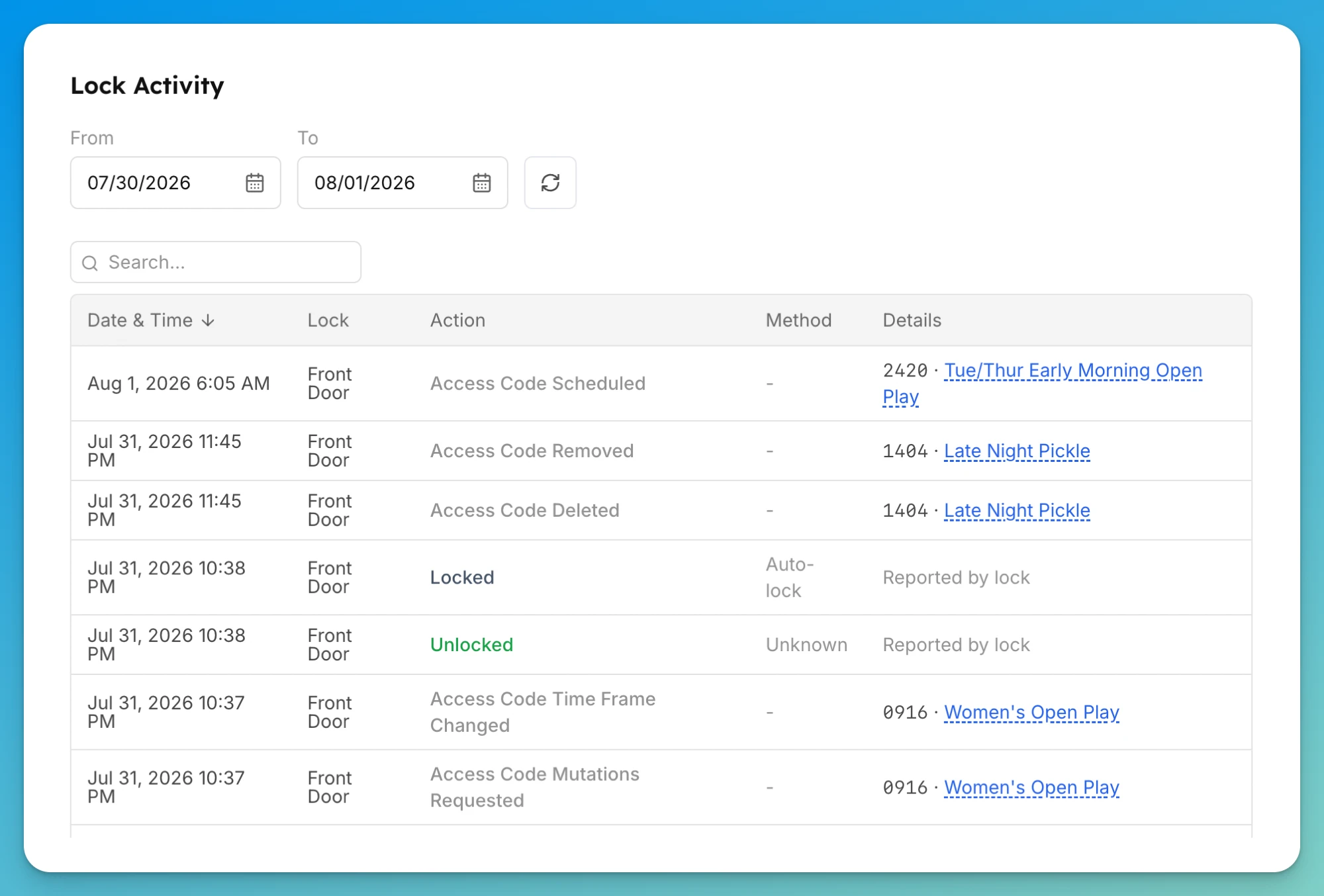 The Lock Activity section on a lock's page, with a date range filter and rows including Access Code Scheduled and Access Code Removed.