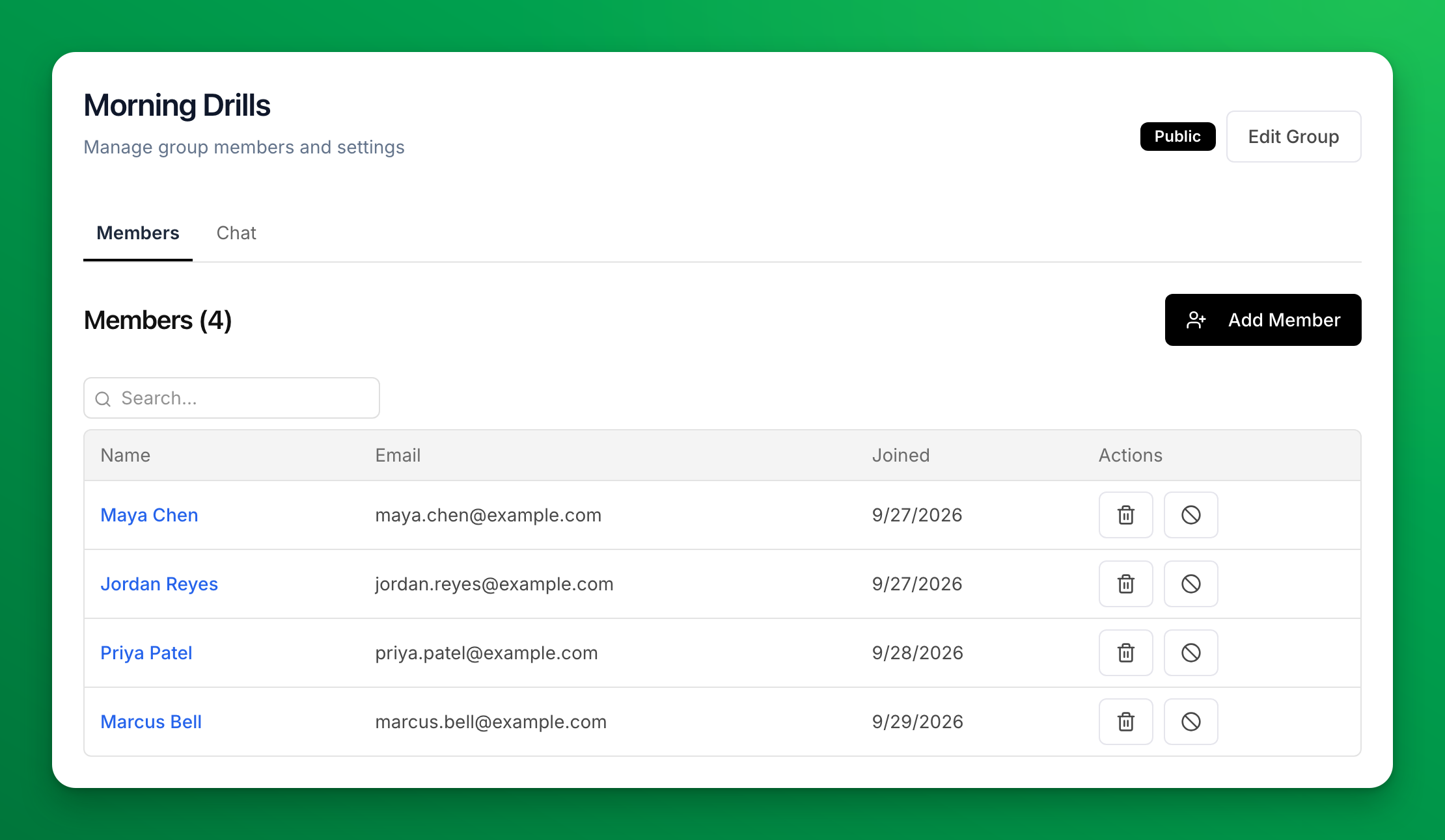 The Members tab of the Morning Drills group: Members (4) with an Add Member button, and a table of Maya Chen, Jordan Reyes, Priya Patel and Marcus Bell with their emails, the date each joined, and a remove icon and a block icon in each row.
