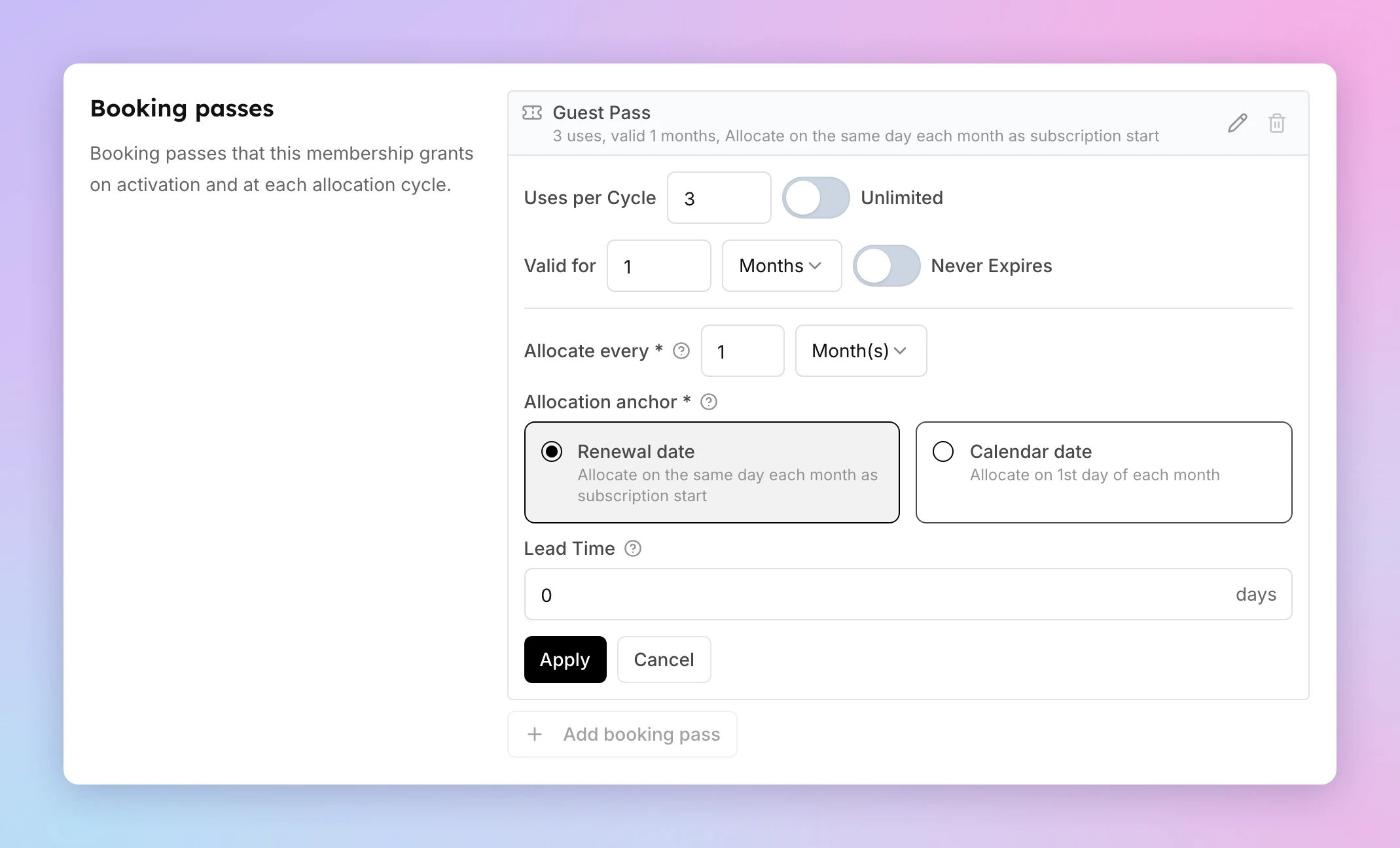 The open booking pass editor with fields for Booking pass, Uses per Cycle, Valid for, Allocate every, Allocation anchor and Lead Time