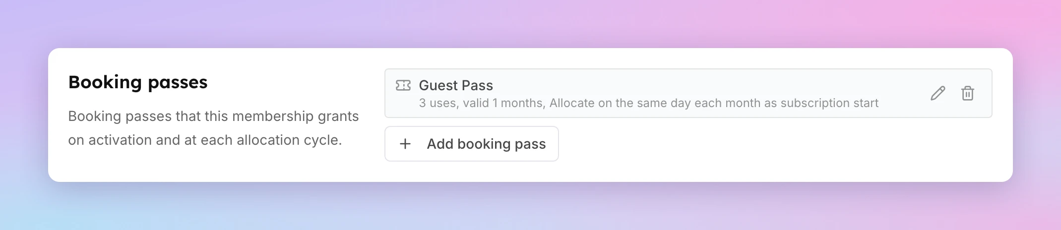 The Booking passes section of a membership with a pass row that shows its uses, validity and allocation schedule