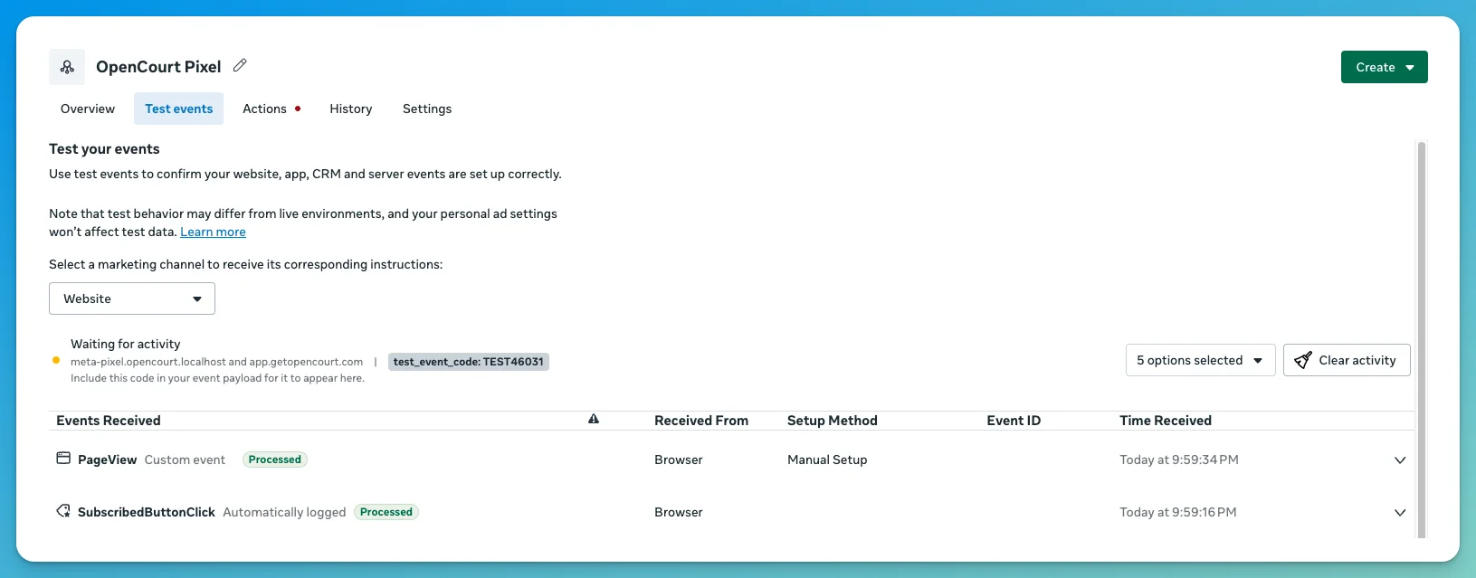 Meta's Test Events tab with the Website channel selected, showing the test event code