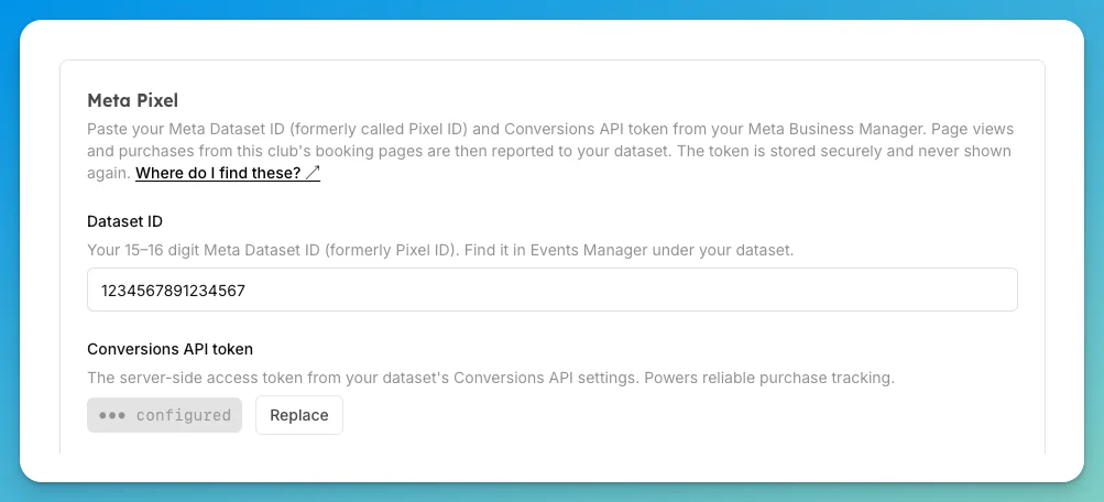 OpenCourt's Meta Pixel settings card with the Dataset ID filled in and the Conversions API token stored