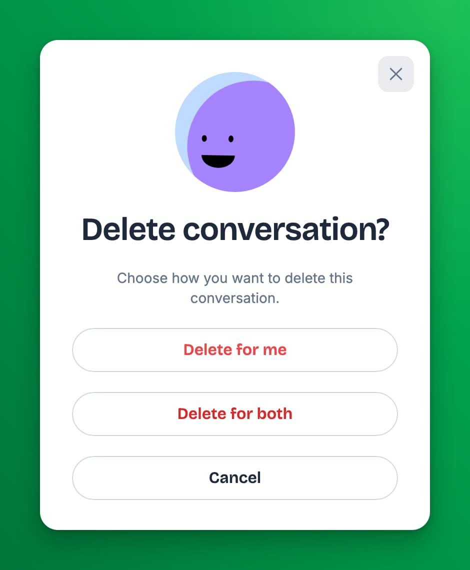The Delete conversation screen with three buttons: Delete for me, Delete for both, and Cancel.