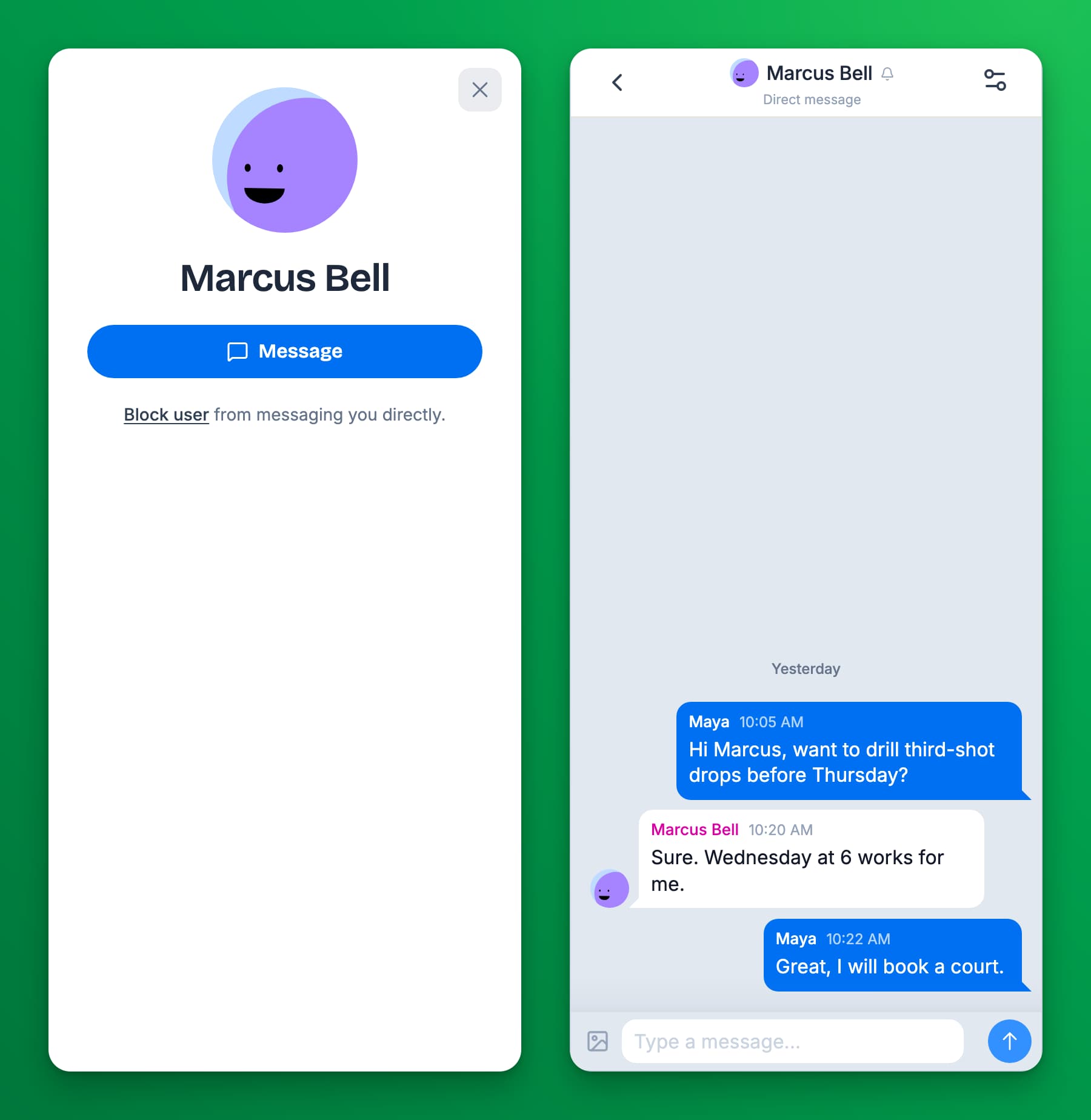 Two phone screens. Left: Marcus Bell's profile with a blue Message button and the line "Block user from messaging you directly." Right: a direct message conversation between Maya and Marcus Bell, marked Direct message, with three messages about drilling third-shot drops before Thursday.