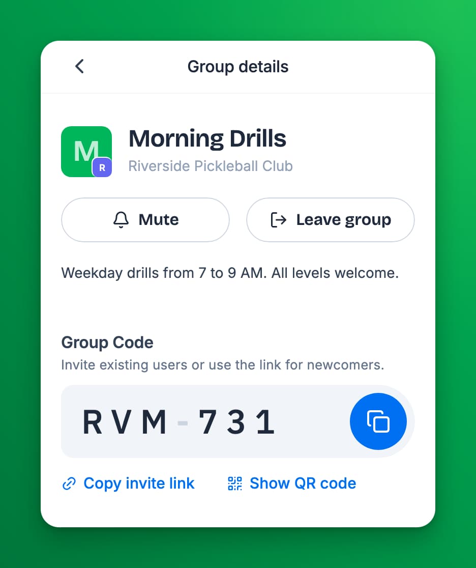The Group details screen of Morning Drills with the Mute and Leave group buttons, the group description, and the Group Code RVM-731 with Copy invite link and Show QR code.