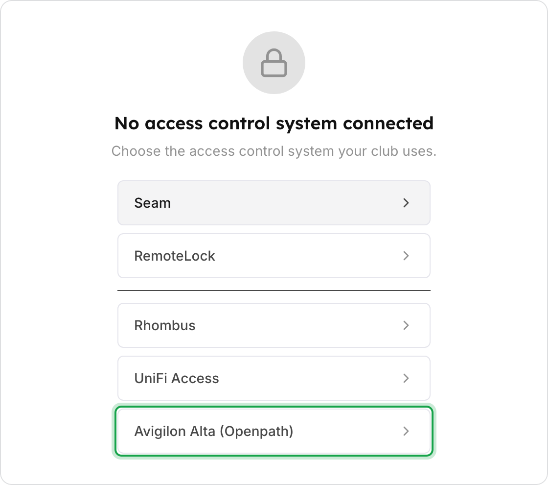 The provider list showing Seam, RemoteLock, Rhombus, UniFi Access, and Avigilon Alta (Openpath).
