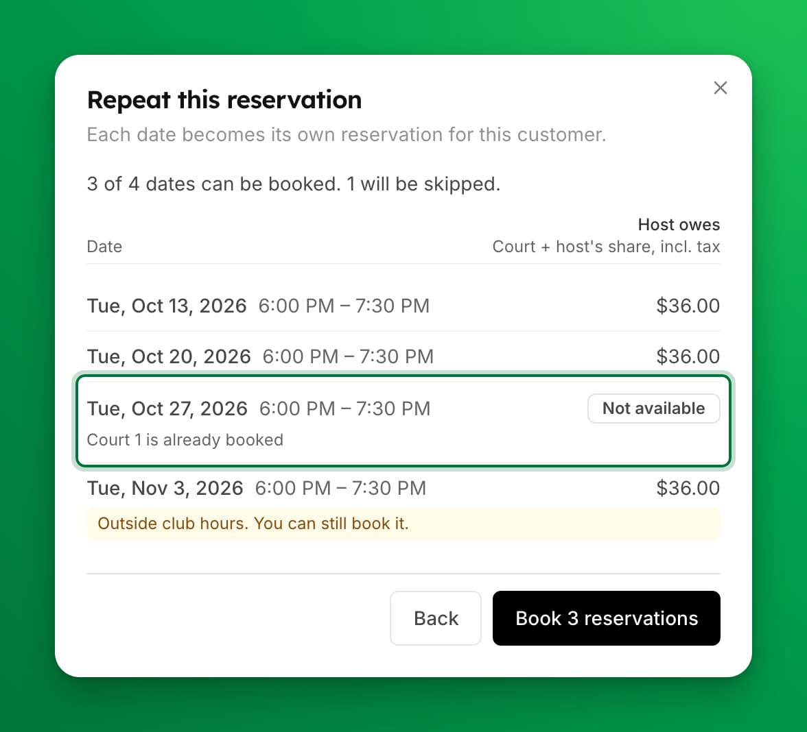 The Repeat this reservation panel. Three of four dates can be booked, each with the amount the host owes. One date is marked Not available because the court is already booked. The last date has a note that it is outside club hours.
