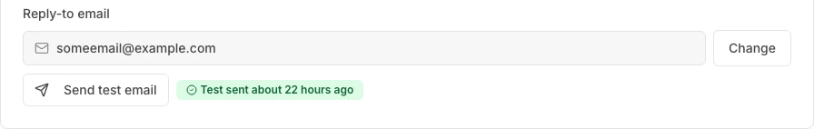 The Reply-to email row with a saved address, the Send test email button, and a Test sent badge