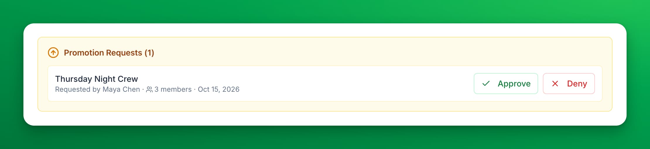The Promotion Requests (1) box: Thursday Night Crew, requested by Maya Chen, 3 members, Oct 15, 2026, with Approve and Deny buttons.