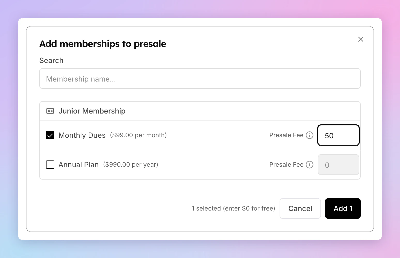 The Add memberships to presale window, with the Monthly Dues plan of Junior Membership ticked and a presale fee of 50 entered.