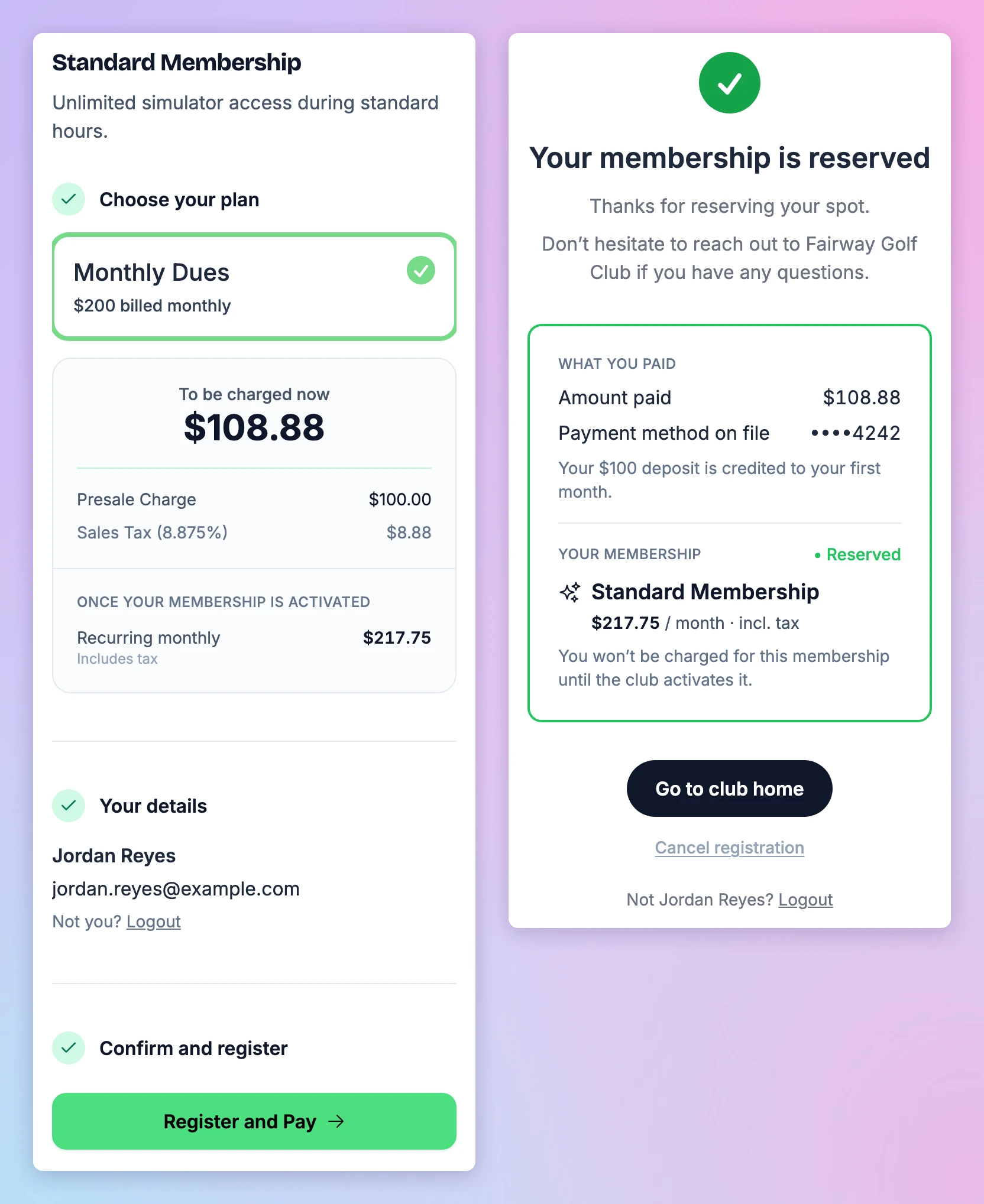 Two phone screens side by side. On the left, the presale checkout for Standard Membership shows 108.88 dollars to be charged now and a Register and Pay button. On the right, the confirmation screen shows What you paid, 108.88 dollars, the deposit note, and Your membership, Standard Membership, Reserved.