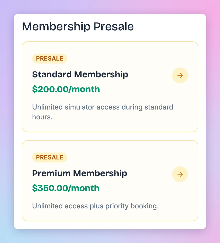 Two presale cards on a phone, Standard Membership at $200.00 per month and Premium Membership at $350.00 per month, each with a PRESALE label.