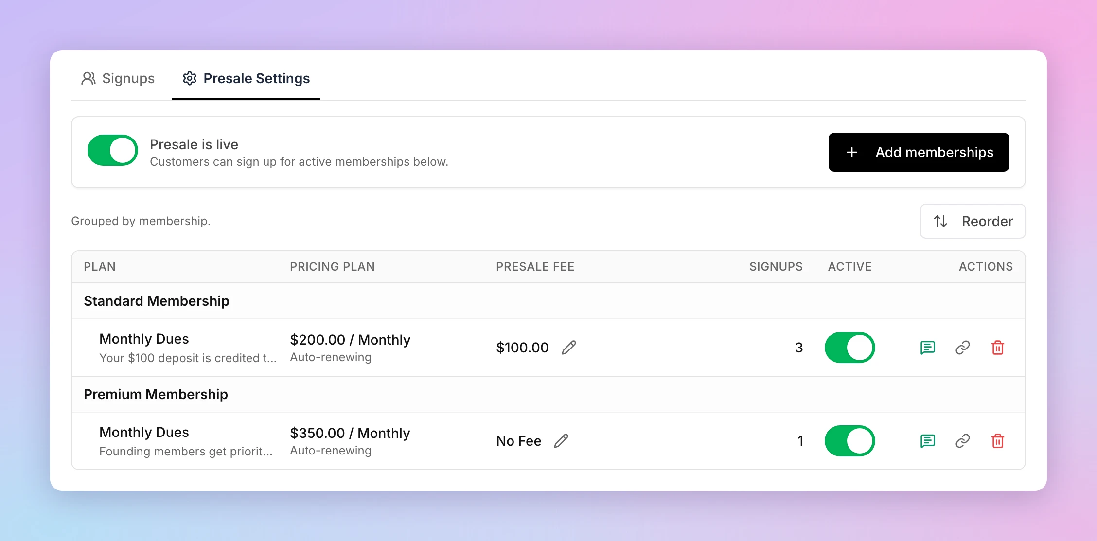 The Presale Settings tab showing Presale is live switched on and two plans in the table, each with a pricing plan, presale fee, signup count, Active switch and action icons.
