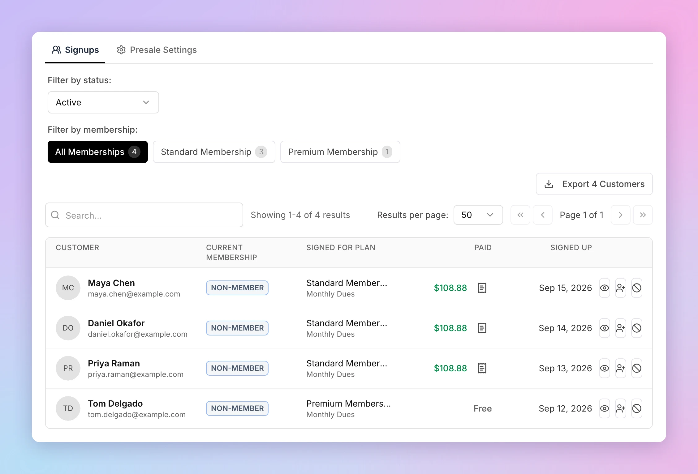 The Signups tab with filters for status and membership, an Export button, and four customers listed with their current membership, the plan they signed up for, the amount paid, the signup date and three action icons.