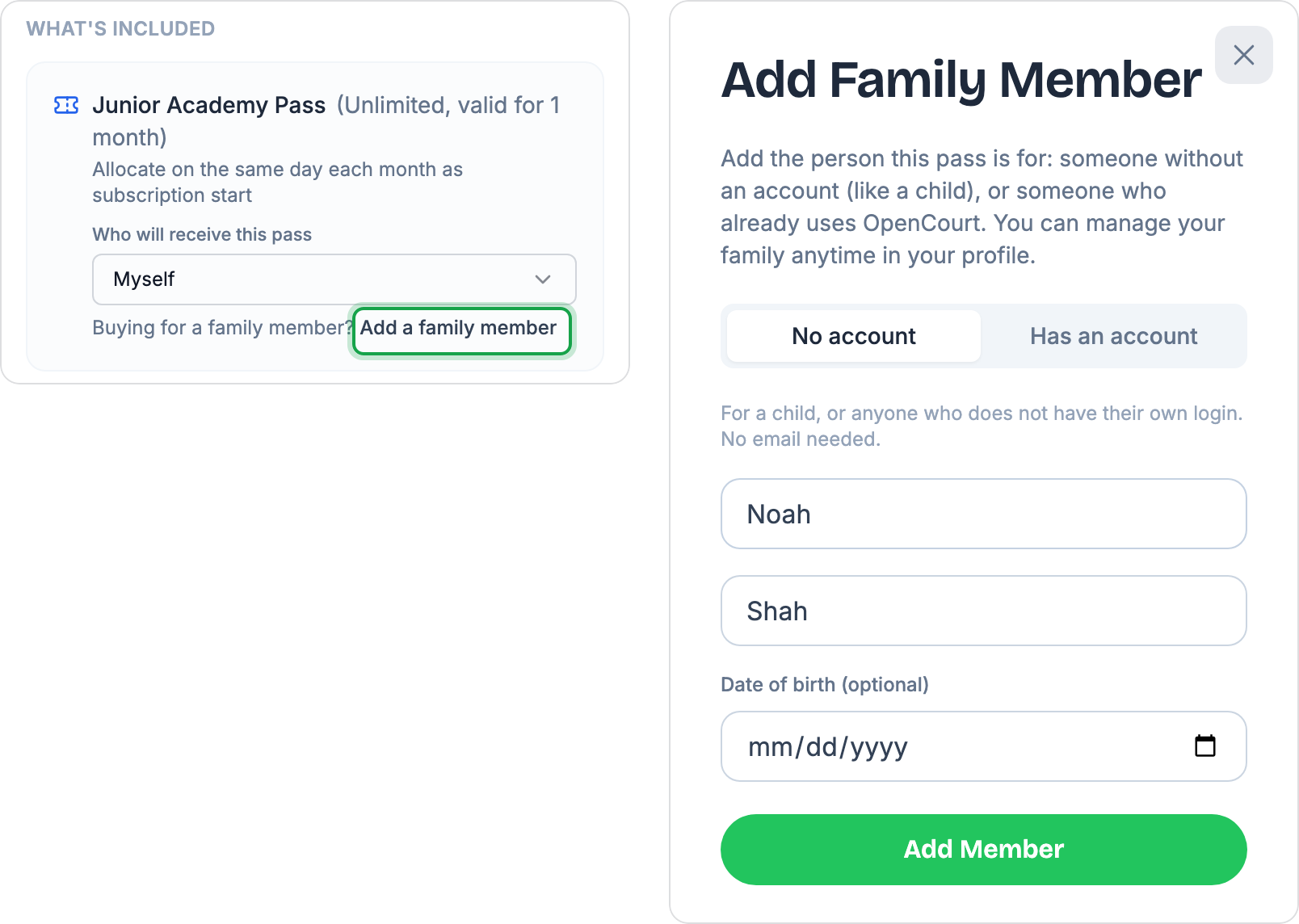 Left: the subscription page with Who will receive this pass set to Myself, and the Add a family member link marked. Right: the Add Family Member form on the No account tab, with Noah Shah entered.