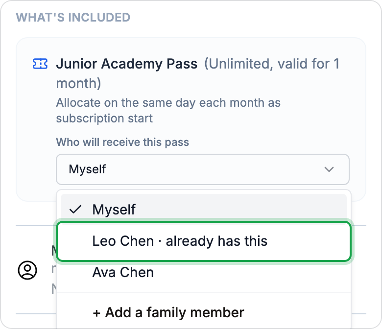 The Who will receive this pass picker open, listing Myself, Leo Chen marked already has this, Ava Chen, and Add a family member.
