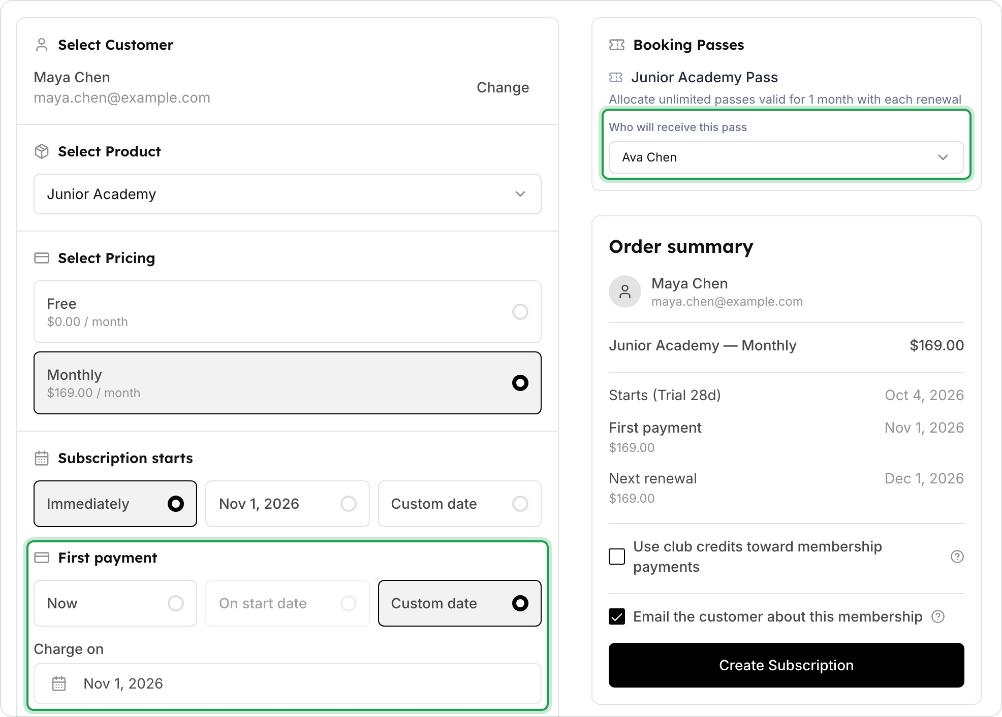 The Create Subscription page for Maya Chen. The marked pass recipient is Ava Chen. The subscription starts immediately, and the marked first payment is a custom date, Nov 1, 2026. The order summary shows the first payment and next renewal.