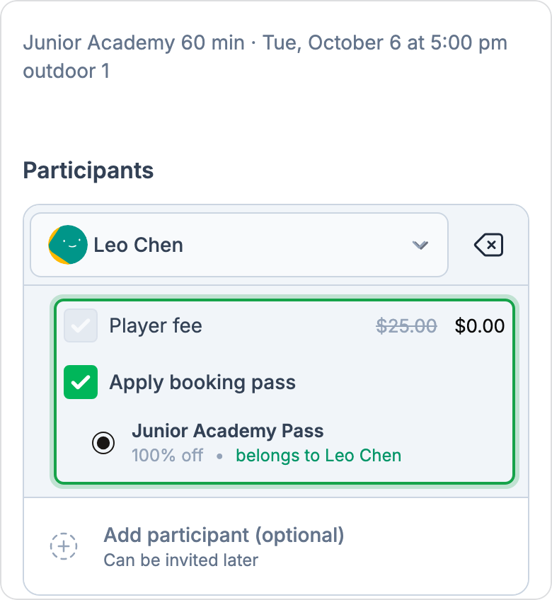The join screen of a Junior Academy session for Leo Chen. The player fee of $25.00 is crossed out and shows $0.00, Apply booking pass is ticked, and the Junior Academy Pass belongs to Leo Chen.