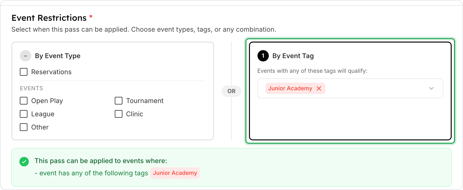The Event Restrictions section of a new booking pass. No event types are ticked. The By Event Tag box is marked, with the Junior Academy tag selected, and the summary says the pass applies to events with that tag.