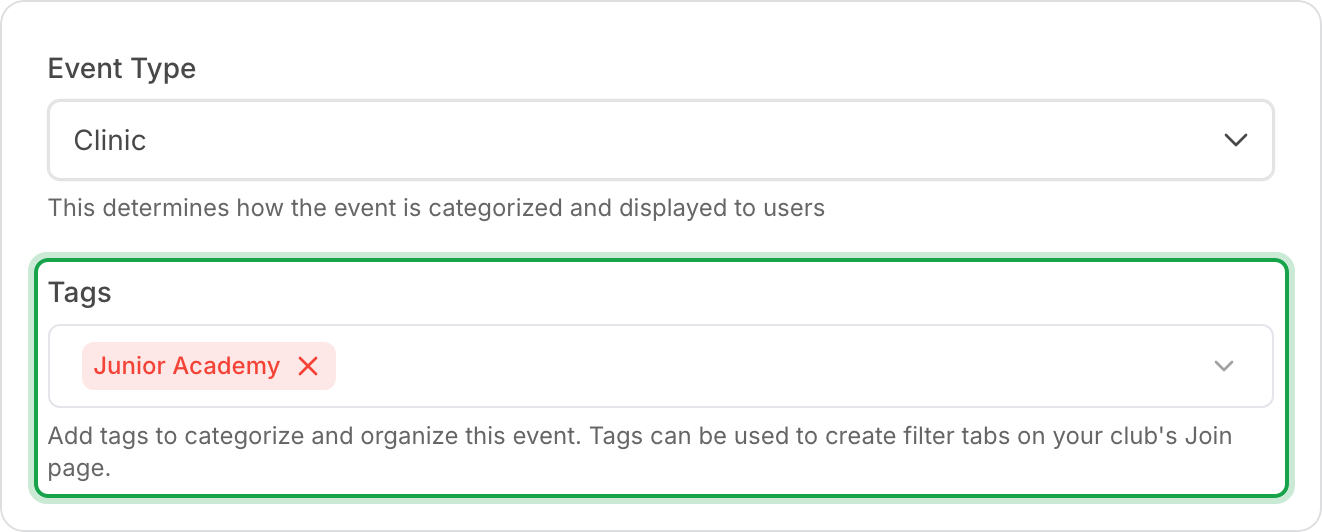 The program settings with Event Type set to Clinic and the Tags field marked, with the Junior Academy tag selected.