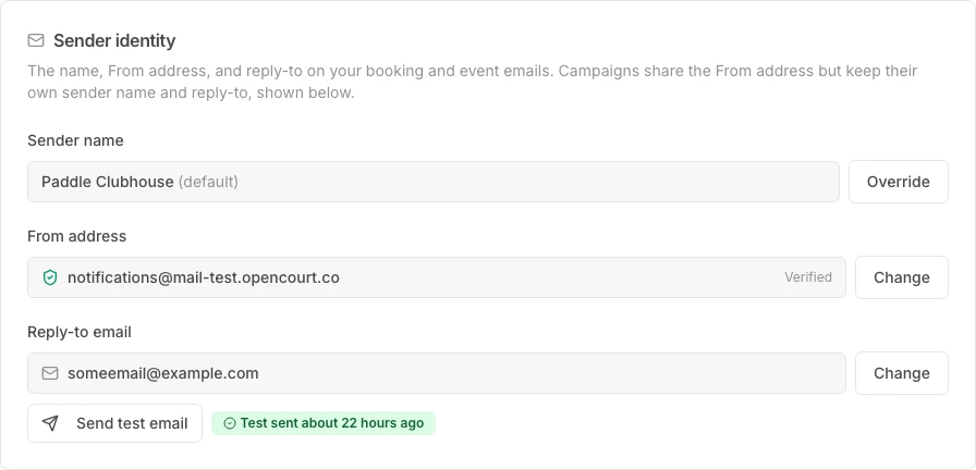 The Sender identity card on the Email settings page, showing the Sender name, From address, and Reply-to email rows