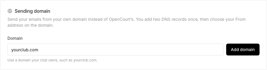 The Sending domain card with a domain typed into the Domain field and the Add domain button