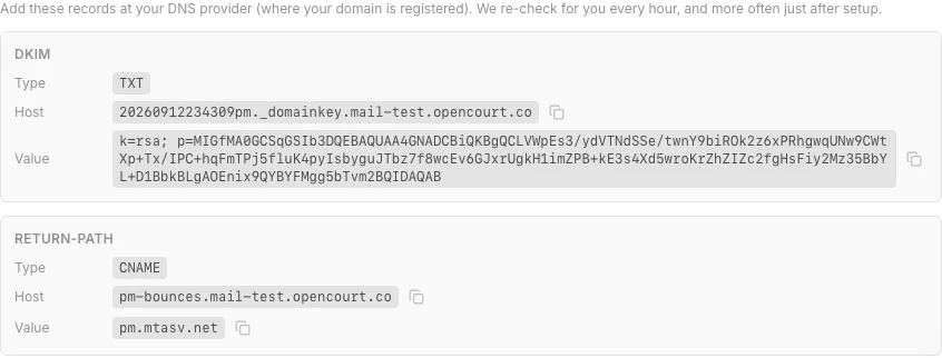 The Sending domain card showing the DKIM record of type TXT and the Return-Path record of type CNAME, each with a host and value to copy