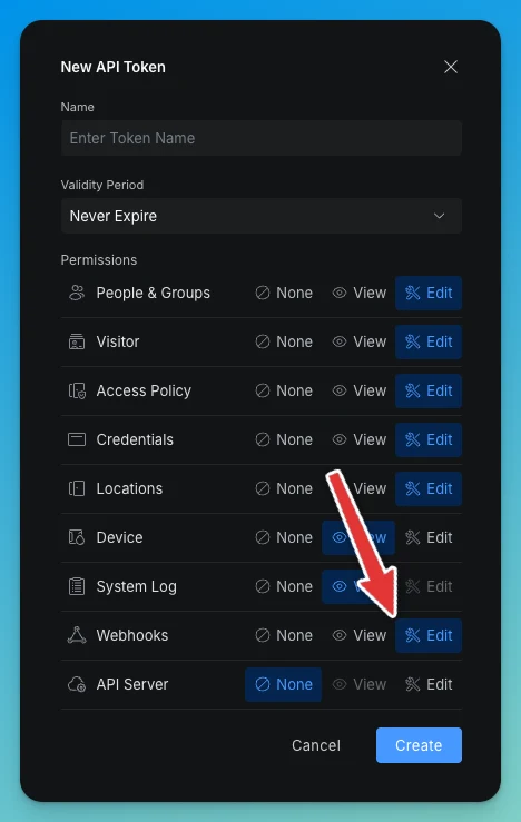 The New API Token dialog, filled in correctly: Validity Period set to Never Expire, and Webhooks changed from None to Edit while every other permission stays at its default.