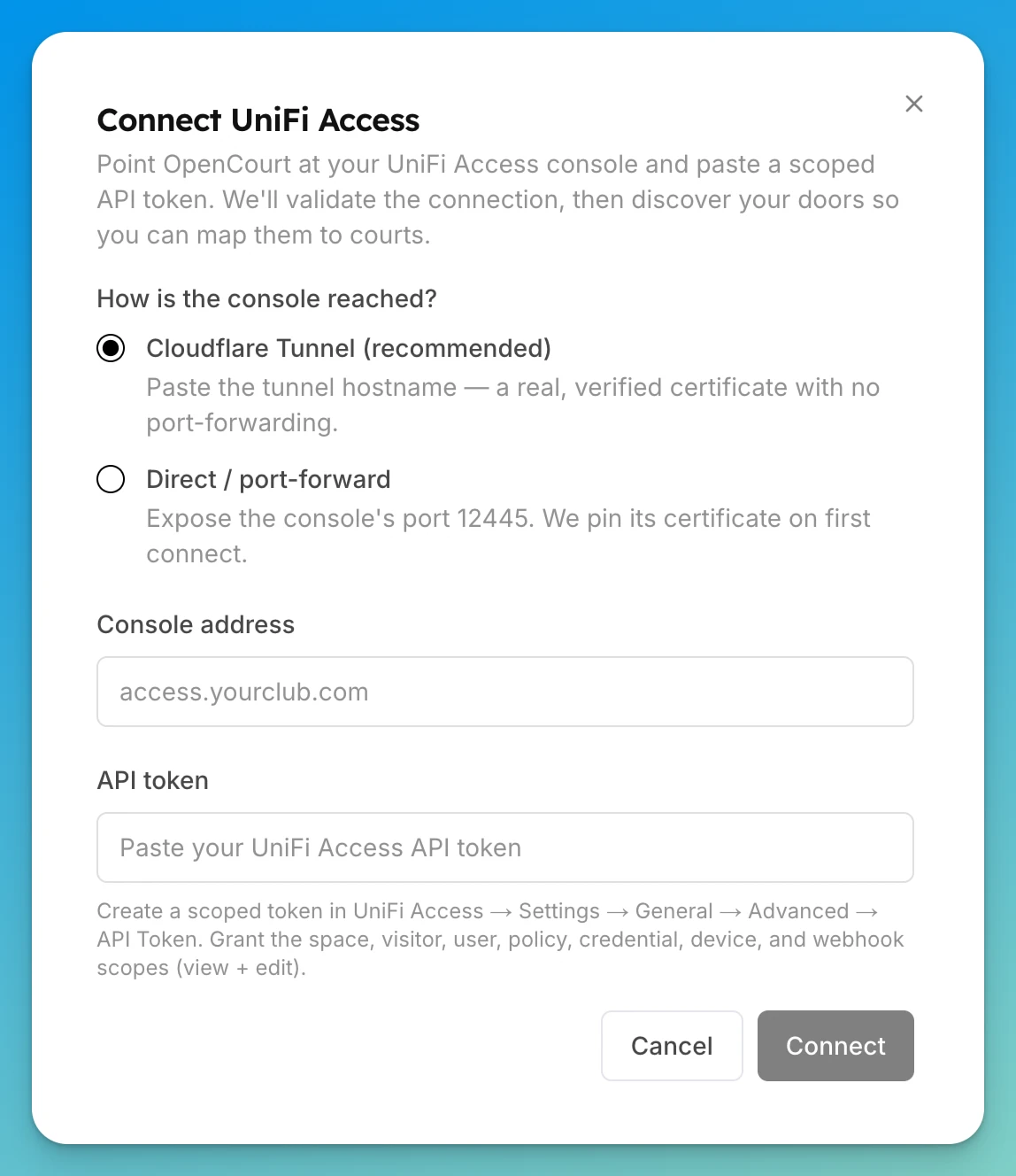 The Connect UniFi Access dialog with the reachability options, console address, and API token fields.