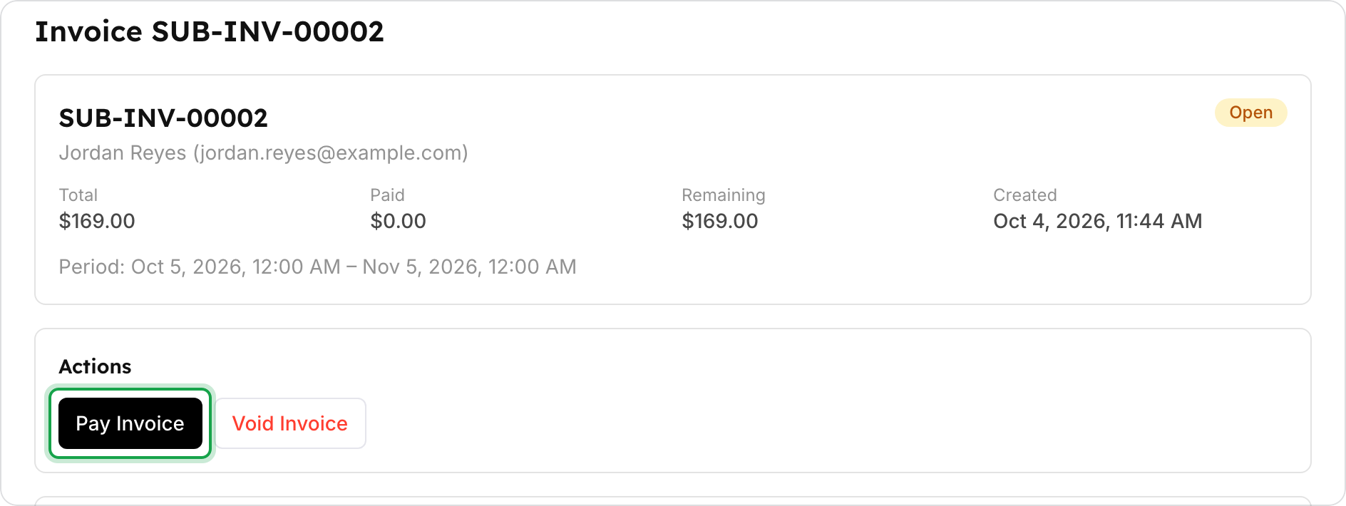 An open invoice for $169.00 with the Pay Invoice button marked, next to Void Invoice.