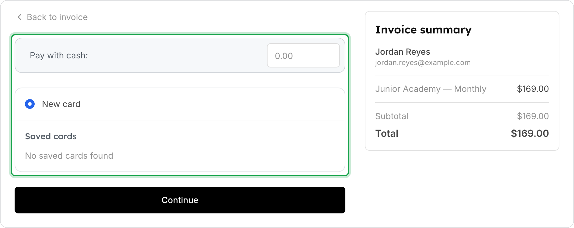 The Pay Invoice page with the payment options marked: Pay with cash, New card and Saved cards. The invoice summary shows a total of $169.00.